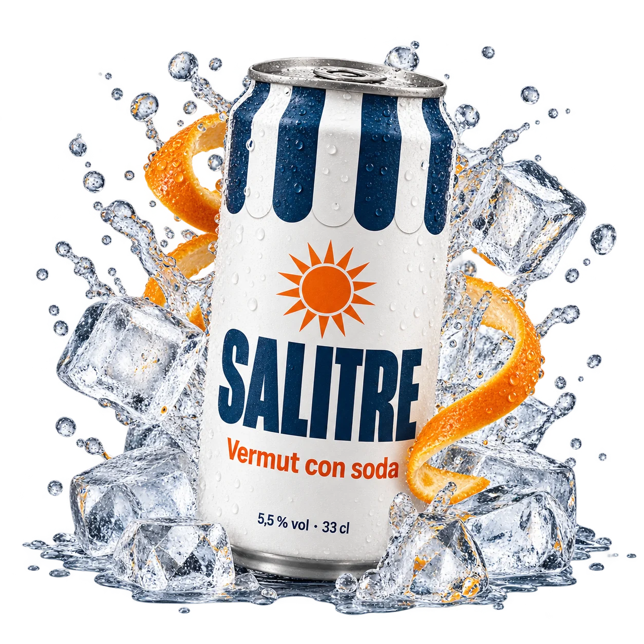 Lata de Salitre rodeada de hielo, piel de naranja y salpicaduras de agua