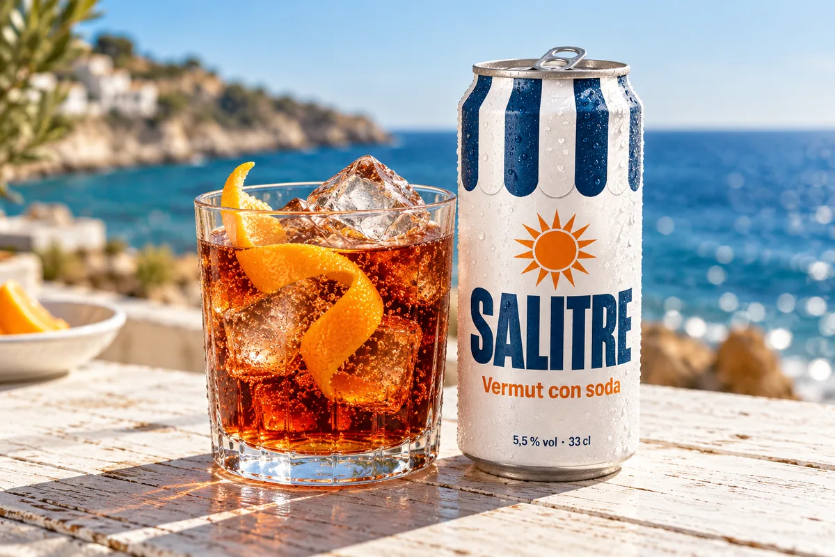 Vaso de vermut con soda, hielo y piel de naranja junto a una lata de Salitre