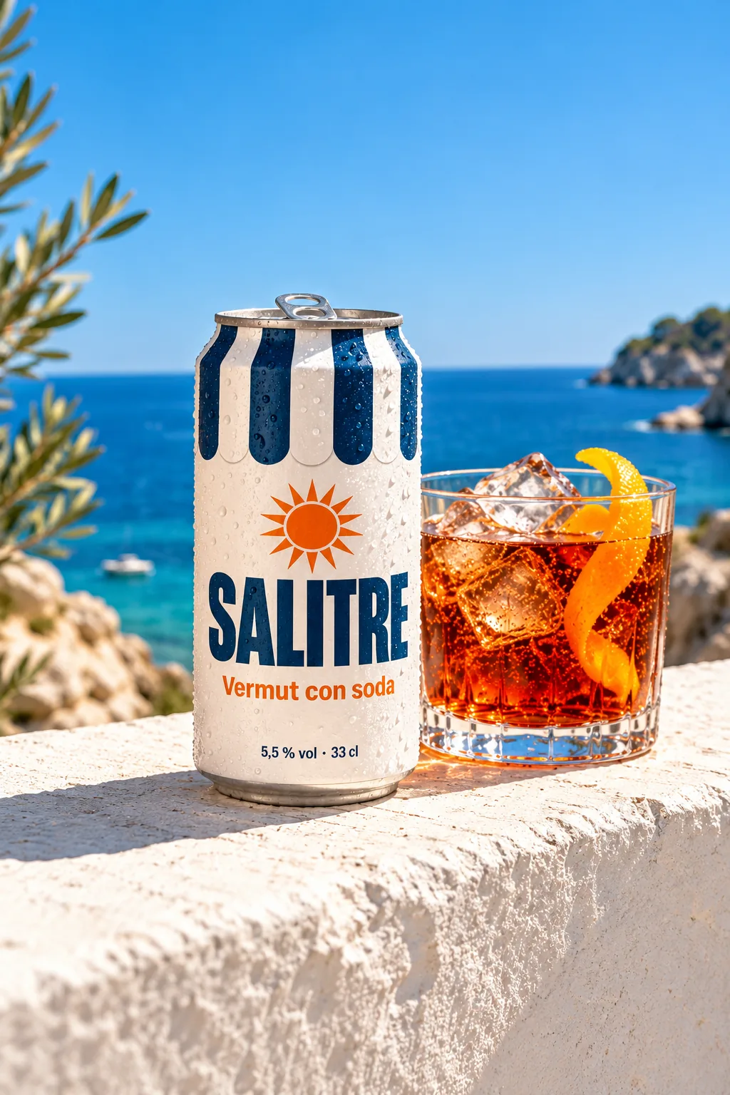 Lata de Salitre sobre un muro encalado al sol junto a un vaso con hielo y naranja