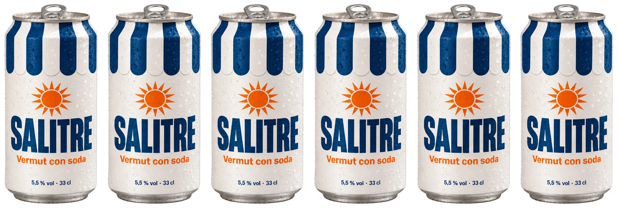 Seis latas de Salitre en fila